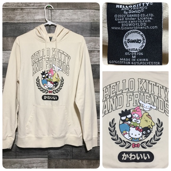 Hello Kitty & Friends Hoodie Unisex Size M Cream Pullover Lightweight - Picture 1 of 8